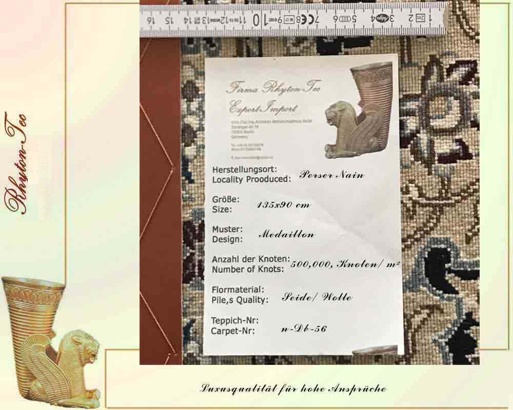 Luxuriöser Perser Teppich Nain in Dunkelblau und Beige aus Seide und Wolle