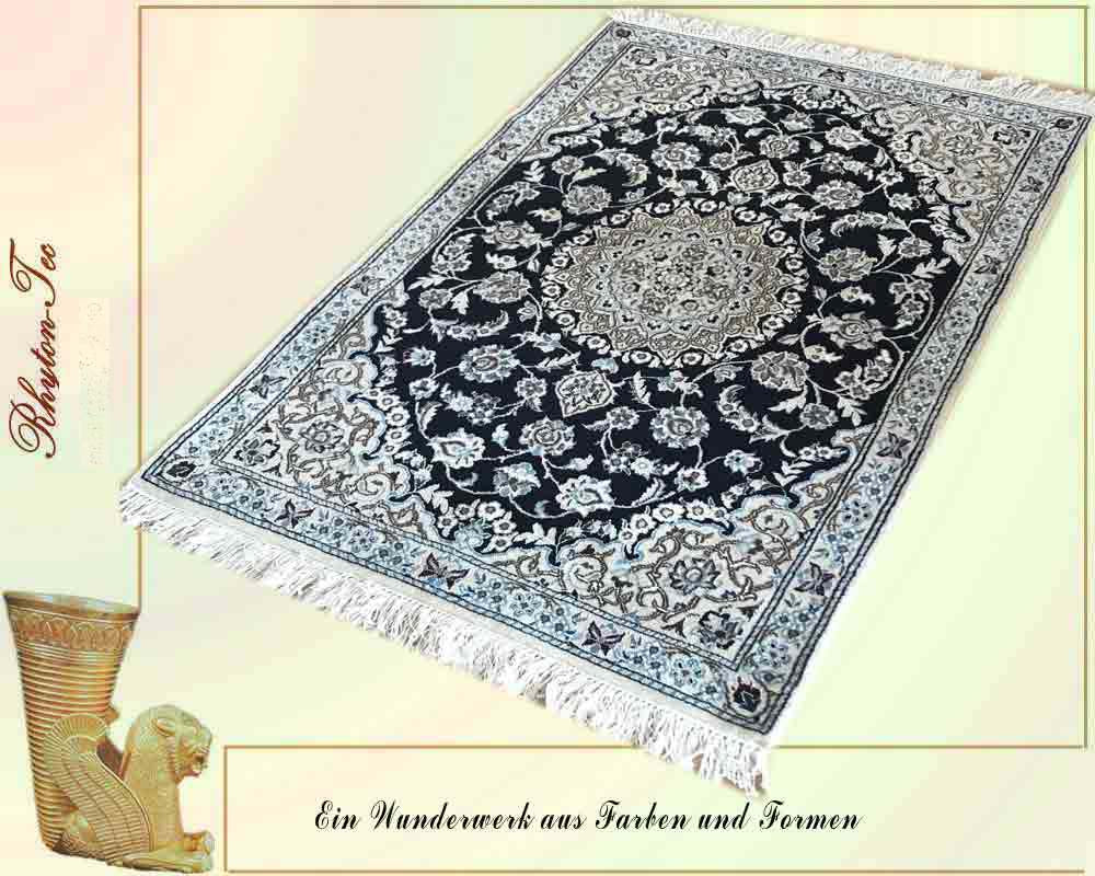 Luxuriöser Perser Teppich Nain in Dunkelblau und Beige aus Seide und Wolle
