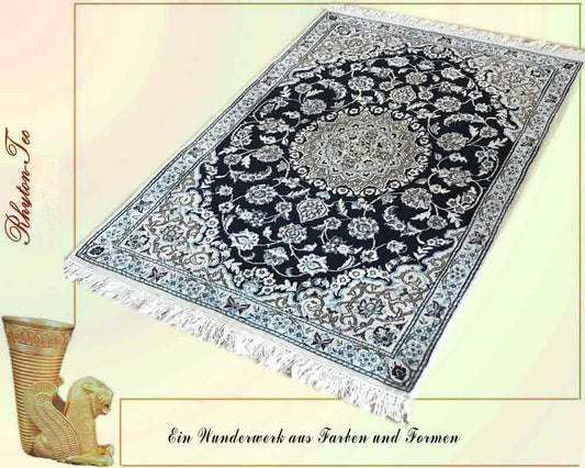 Luxuriöser Perser Teppich Nain in Dunkelblau und Beige aus Seide und Wolle