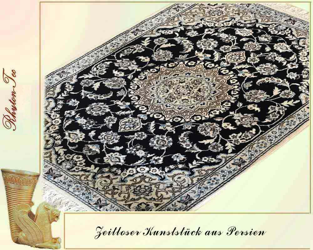 Luxuriöser Perser Teppich Nain in Dunkelblau und Beige aus Seide und Wolle