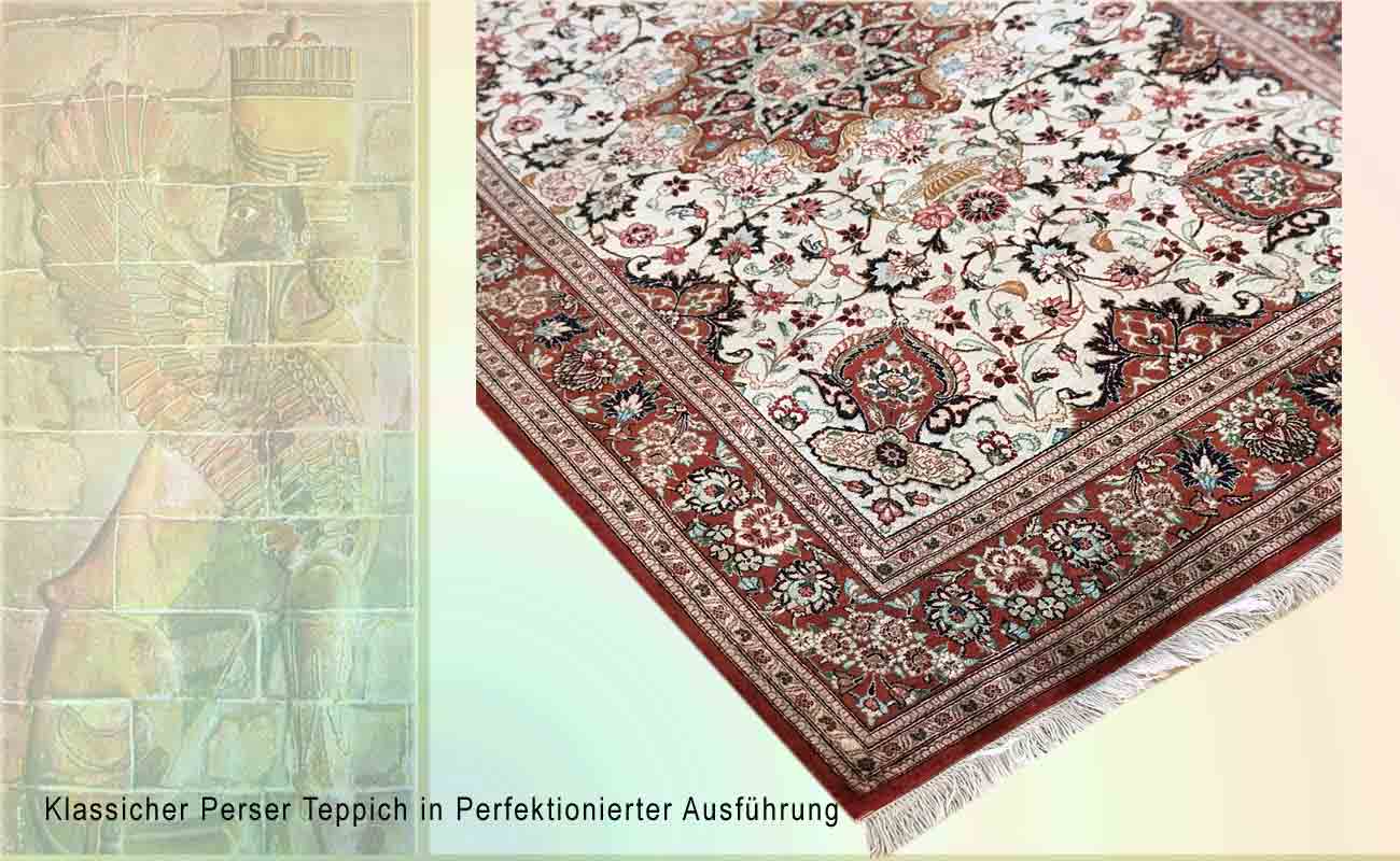 Prachtvoller Perser Teppich aus Ghom in den Farben Rot und Creme