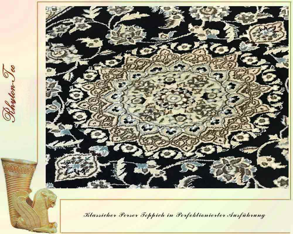 Luxuriöser Perser Teppich Nain in Dunkelblau und Beige aus Seide und Wolle