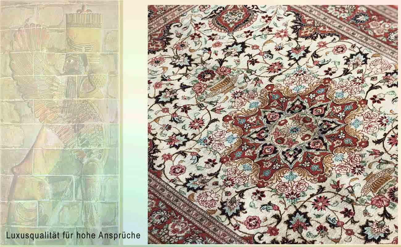 Prachtvoller Perser Teppich aus Ghom in den Farben Rot und Creme