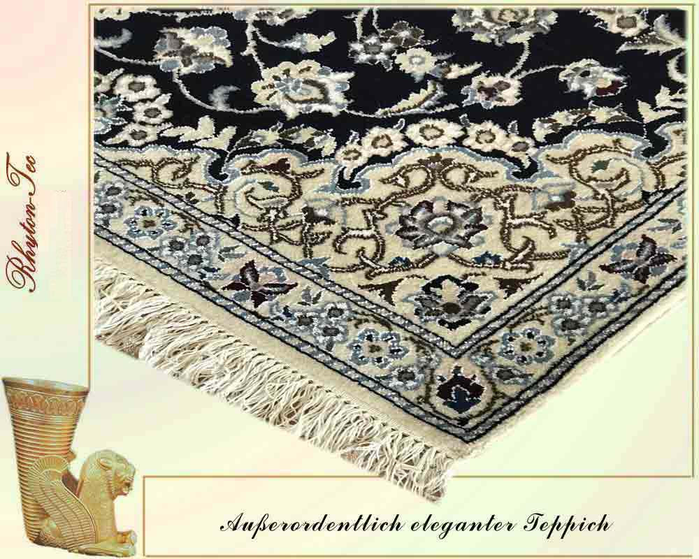 Luxuriöser Perser Teppich Nain in Dunkelblau und Beige aus Seide und Wolle