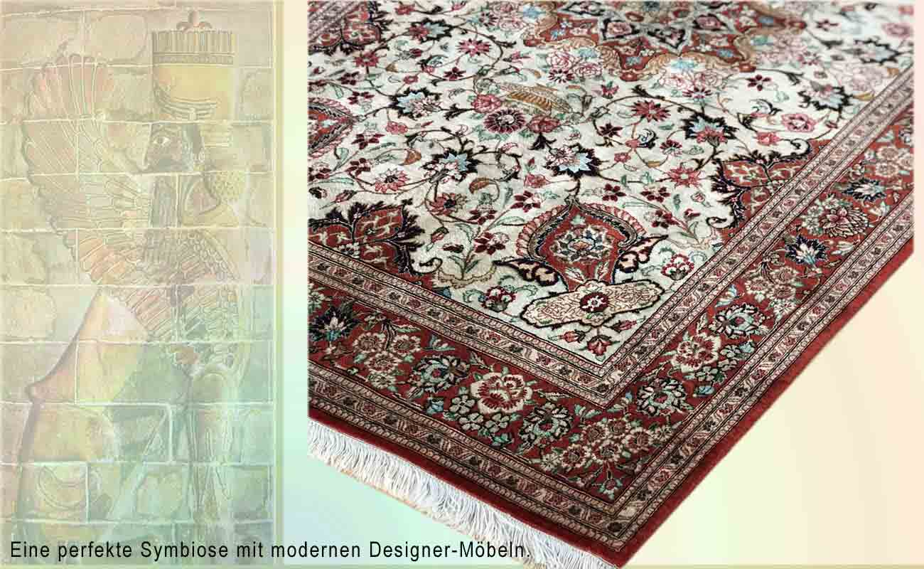 Prachtvoller Perser Teppich aus Ghom in den Farben Rot und Creme