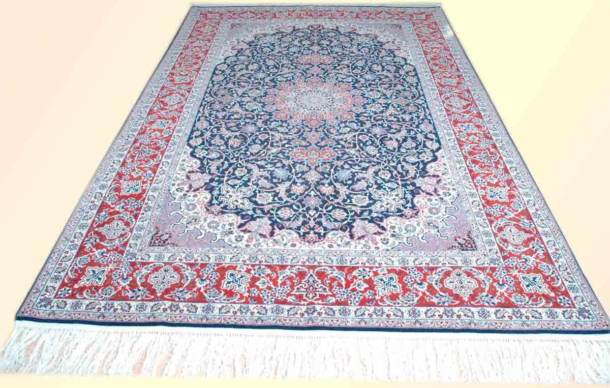 Exquisite Perser Teppich aus der Isfahan Manufaktur – Zaarean Kollektion in Rot und Dunkelblau mit Medaillonmuster